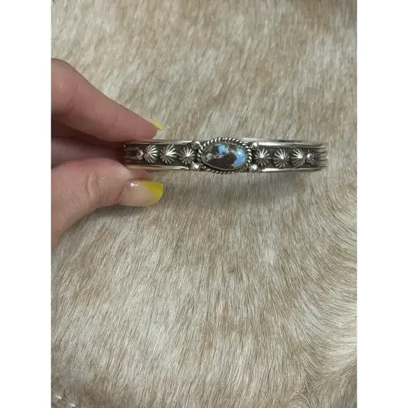 Native American SW Sterling Silver & Golden Hills Turquoise Dome Cuff Bracelet